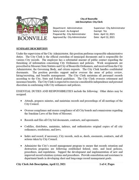 chicityclerk|city clerk job description.